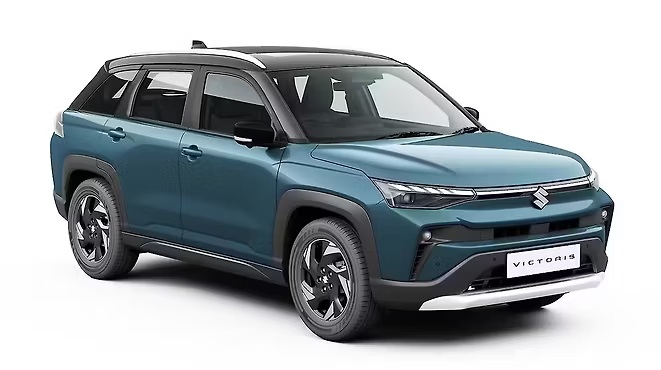Maruti Suzuki Victoris mid-size SUV front and side view with LED headlights